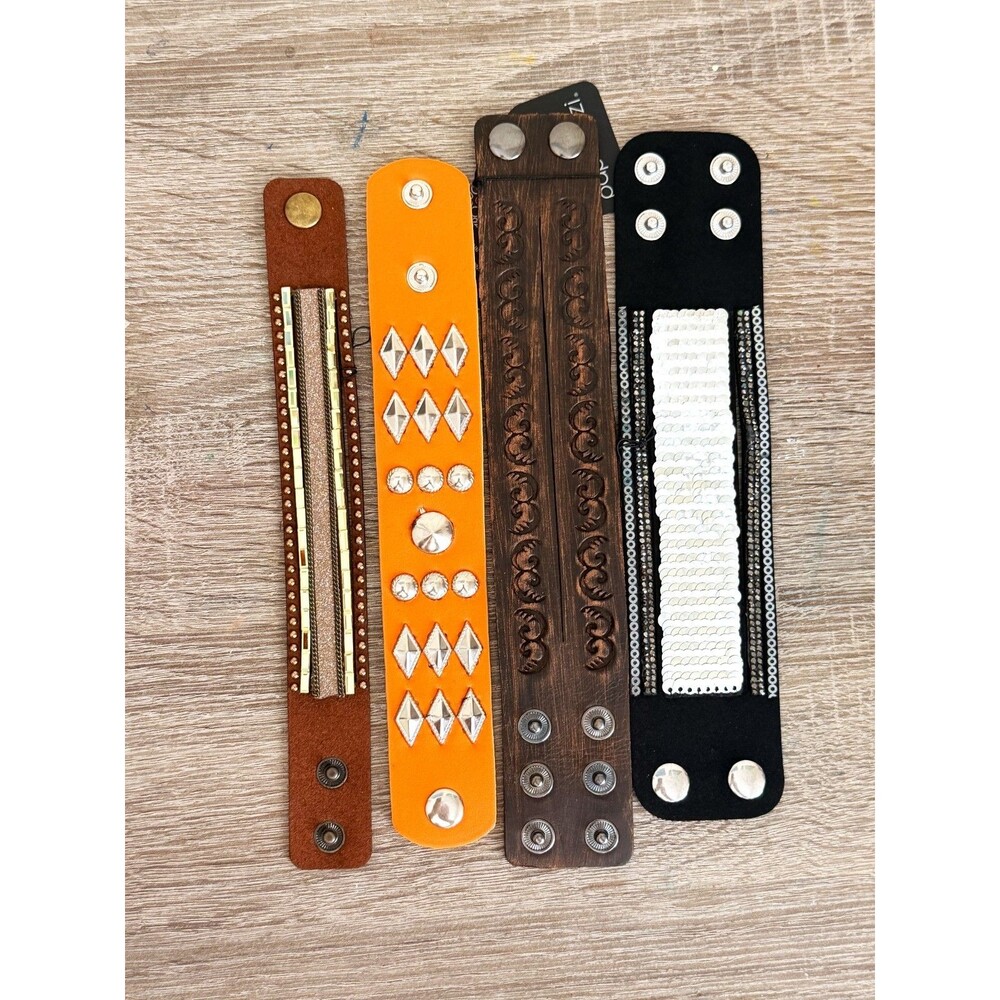 Paparazzi Urban Cuff Bracelet Lot 4 Faux Leather Snap Orange Brown Black Sequin